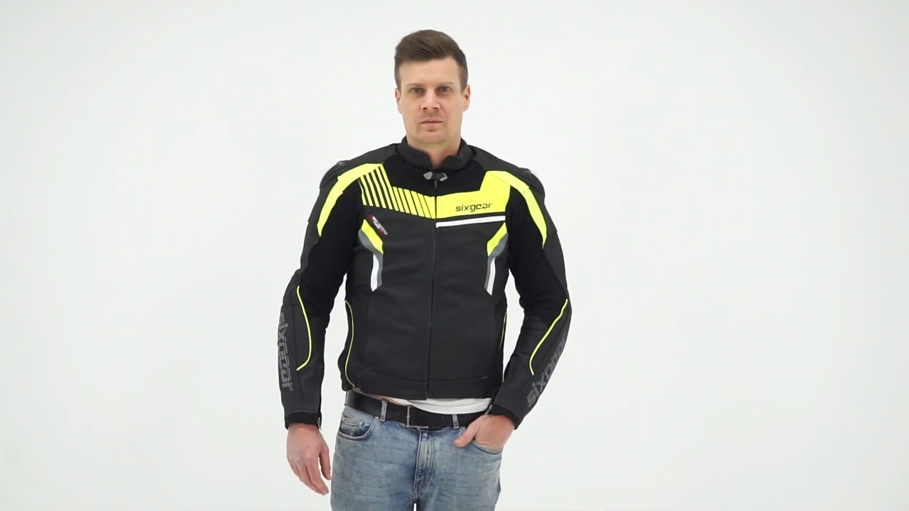 Video Geacă Moto din Piele & Textil SIXGEAR BLAZE · Negru / Gri / Verde-Fluo