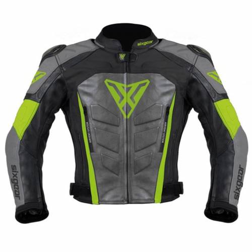 Geacă Moto din Piele SIXGEAR PHOENIX · Negru / Gri / Verde Fluo
