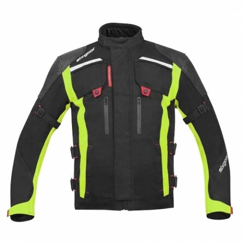 Geacă Moto din Piele & Textil SIXGEAR HYBRID · Negru / Verde-Fluo