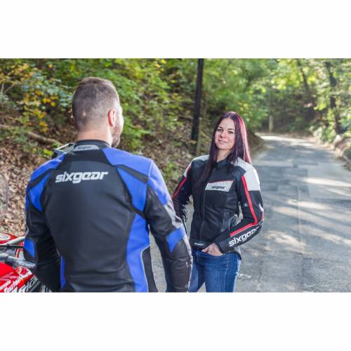 Geacă Moto din Piele & Textil SIXGEAR SWITCH · Alb / Albastru / Negru 